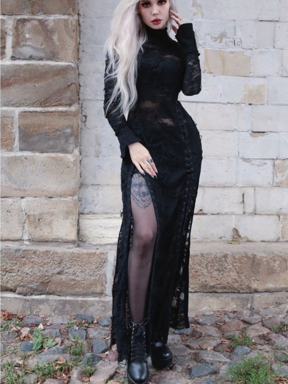 Black Lace Long-Sleeve Maxi Dress with High Neck and Side Slit